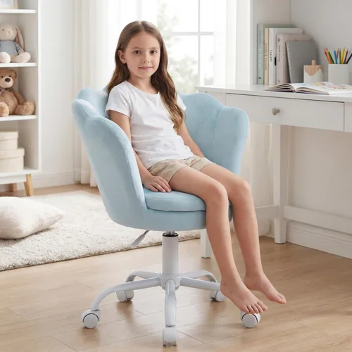 Vista 9 de Silla de escritorio de terciopelo para niños, bonita silla de computadora moderna tapizada, con brazo giratorio, silla de tocador ajustable