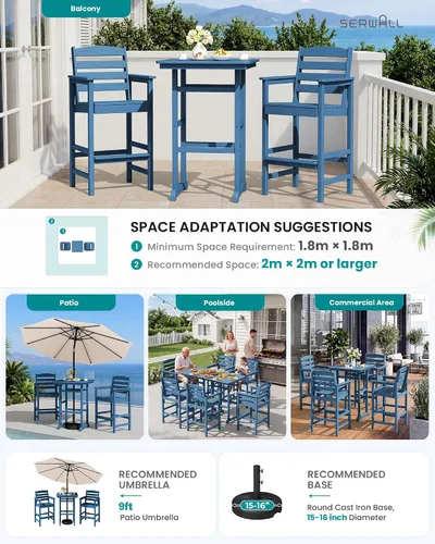 Vista 7 de SERWALL 5 Pcs HDPE Bar Height Adirondack Chairs and Bar Table Set, Blue Azul