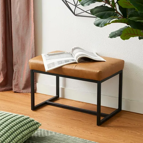 Vista 10 de Glitzhome Banco otomano, sillas modernas de piel sintética con marco de metal, taburete de maquillaje, taburete acolchado para sala de estar Negro