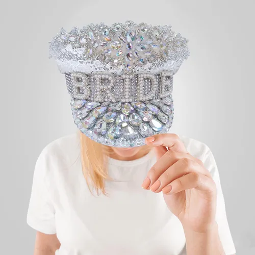 Vista 4 de Ulrica Sombreros de novia con diamantes de imitación, sombrero de discoteca para decoraciones de despedida de soltera, sombrero de vaquero brillante