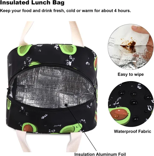 Vista 4 de Lonchera aislada con aguacate para mujeres y niñas, lonchera reutilizable, bolsa de picnic para adultos, niños, escuela, trabajo, viajes