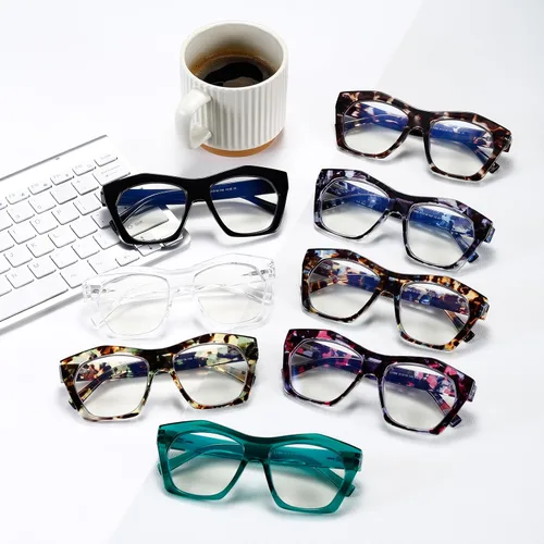 Vista 6 de Viseng Paquete de 3 anteojos de lectura para mujer, diseño de marco, de gran tamaño, bloqueo de luz azul, lector de computadora +0.0 B/3 pares
