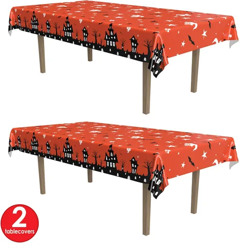 Vista 3 de Beistle Mantel de casa embrujada, 54 x 108 pulgadas, 2 piezas, mantel de plástico, mantel rectangular, mantel de Halloween, mantel de vacaciones