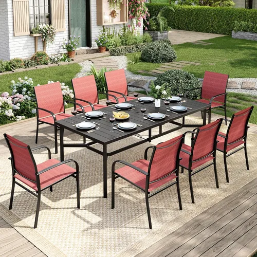 Vista 11 de MIXPATIO - Juego de comedor de patio de 9 piezas, mesa cuadrada de metal de 57.5 pulgadas, 8 sillas de textileno Azul