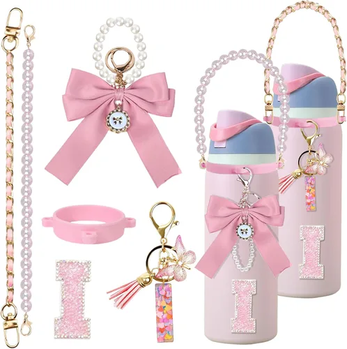 Vista 76 de 6 piezas de accesorios con letras para botella de agua Owala 24 oz 32 oz 40 oz, con lindos dijes iniciales y correa para el asa, compatible