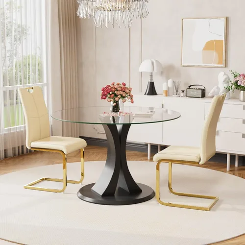 Vista 7 de Juego de sillas de comedor modernas (2 unidades) de piel sintética PU con respaldo alto tapizadas con patas doradas de metal para cocina y comedor