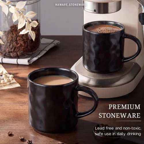 Vista 4 de HaWare Juego de 4 tazas de café de 14 onzas, tazas de café de gres con asa, taza de café con leche para hombre, mujer, papá, mamá, tazas de té