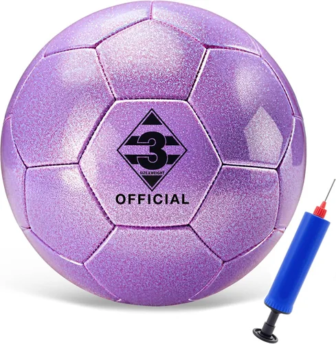 Vista 9 de Balón de fútbol rosa morado con purpurina, tamaño 3, 4, 5 con bomba y bolsa de aguja/malla, kit de pelota de fútbol de poliuretano Sofu