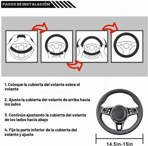 Vista 6 de LAINLOY Funda para volante de automóvil de 14.5"-15", funda de cuero de microfibra, decoración de volante antideslizante y transpirable, accesorios
