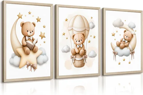 Vista 13 de Baccone Arte de pared para habitación de guardería con oso de peluche, póster para habitación de bebé niño o niña, decoración de pared de guardería