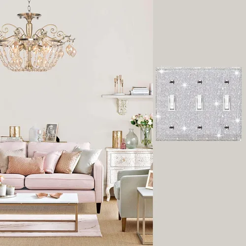 Vista 45 de Placa de pared con diamantes de imitación plateados brillantes plateados, placa de cubierta de interruptor de luz, cubierta de enchufe de grano