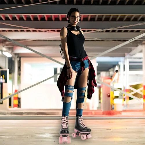 Vista 5 de YYW Patines de ruedas para mujeres y niñas, patines de derby de luces, patines de cuero sintético de doble fila, patines negros y rosas