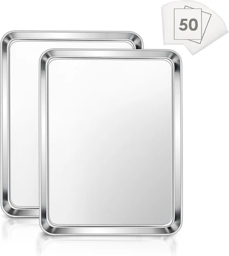 Vista 9 de E-far - Juego de 2 bandejas pequeñas para hornear, horno tostador de acero inoxidable de 9.4 x 7.3 pulgadas con 50 papeles pergaminos, mini bandeja