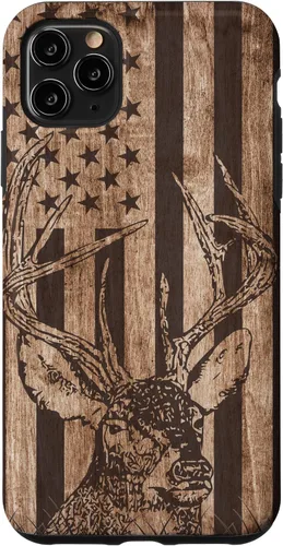 Vista 13 de Funda de madera para iPhone 16 con diseño de ciervo de cola blanca para caza cazador de bandera estadounidense