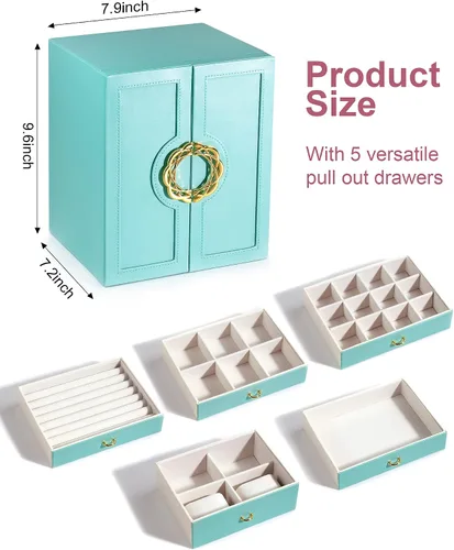 Vista 5 de ATDORO Joyeros grandes organizadoresestuche con 5 cajones, regalo para mujeres, adolescentes, niñas, niños, gran joyeríasoporte de cuero sintético