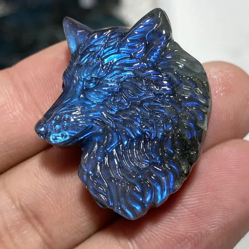 Vista 8 de TEAMWILL Cristal de labradorita natural de cuarzo tallado a mano cabeza de lobo Reiki cristal curativo magnífico escultura de piedra estatua estatua