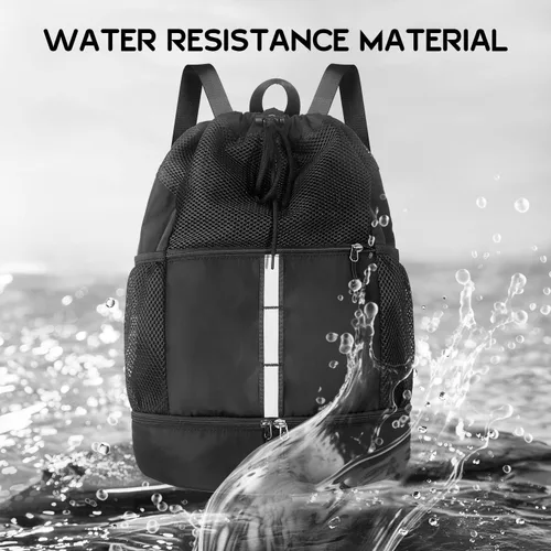 Vista 5 de Mochila deportiva con cordón Bolsas de malla para playa y gimnasio para hombres y hombres con compartimento para zapatos, ligera, Negro -, 30 L