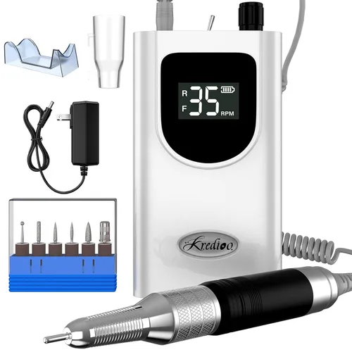 Vista 10 de Kredioo Taladro de uñas eléctrico profesional de 35000 rpm, máquina Efile portátil recargable, kit de 6 puntas para quitar uñas de gel acrílico, Gris
