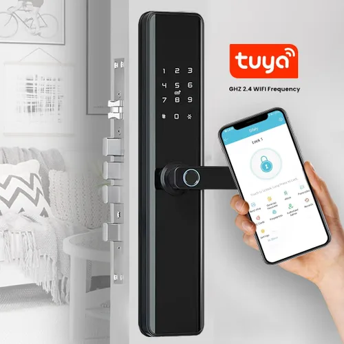 Vista 5 de Cerradura de puerta inteligente con asa, cerrojo de entrada sin llave con huella digital, teclado de pantalla táctil, control de aplicación Tuya
