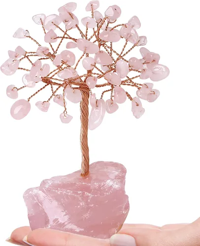 Vista 10 de QINJIEJIE Árbol de cristal de cuarzo rosa, cristales curativos, decoración de escritorio rosa, árbol de piedras preciosas naturales, base de alambre