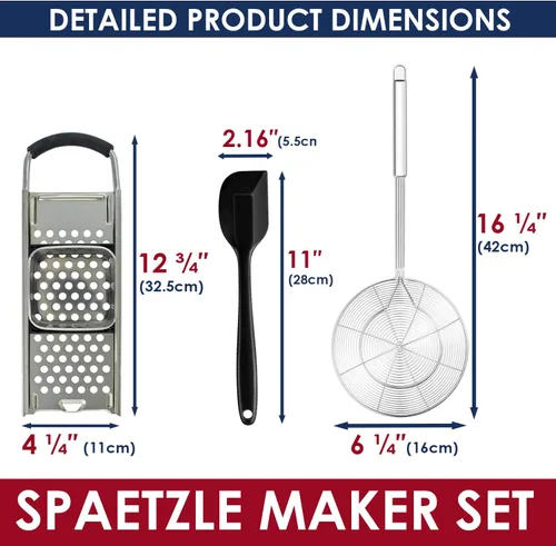 Vista 7 de Spaetzle Maker de acero inoxidable de alta calidad con espátula de silicona, colador de araña de acero inoxidable, cuchara espumadora, colador
