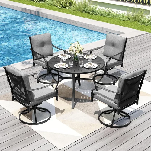 Vista 17 de PHI VILLA - Juego de comedor para exterior de 7 piezas para 6, mesa rectangular de acero negro con sillas fijas y giratorias de hierro, gran juego