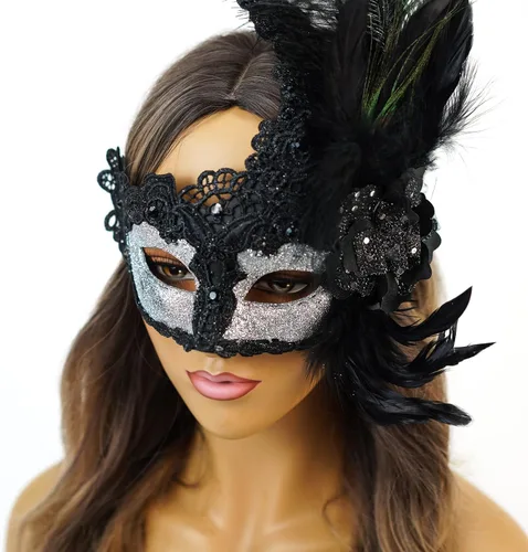 Vista 2 de Máscara de plumas burlesque, máscara de encaje de Mardi Gras para mujer, disfraz de plumas de pavo real, máscara de brocado veneciano