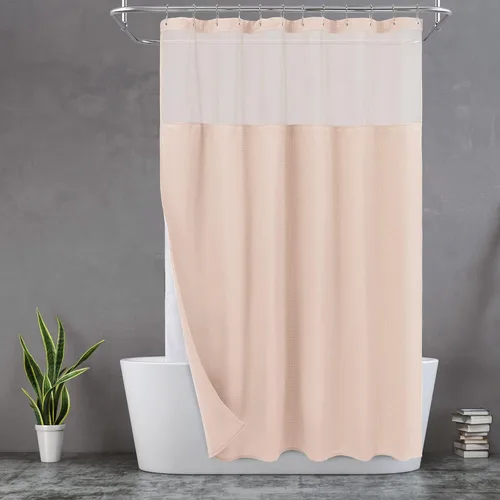 Vista 40 de N&Y HOME - Juego de cortina de ducha de punto gofre, forro de tela a presión y ganchos, para ducha pequeña, estilo hotel, ventana superior de malla