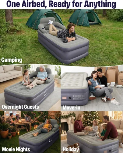 Vista 6 de A-ER-FA - Colchón de aire individual integrado de 20 pulgadas, colchón inflable elevado cómodo con cabecera y portavasos, cama de aire de inflado