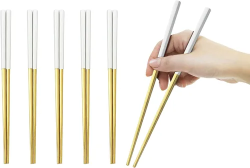 Vista 14 de JASHII 5 pares de palillos de acero inoxidable 304, palillos reutilizables, palillos de metal ligeros para fideos de sushi, 9 pulgadas (negro dorado)