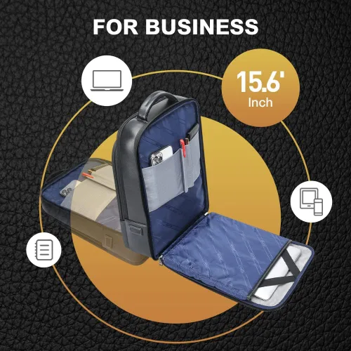Vista 3 de BOPai Mochila de cuero genuino para hombre, mochila multifunción de 15.6 pulgadas, mochila para laptop de negocios, mochila inteligente de viaje