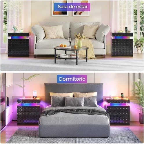 Vista 8 de Vlsrka Mesita de noche con luces RGB, soporte de noche inteligente con Negro