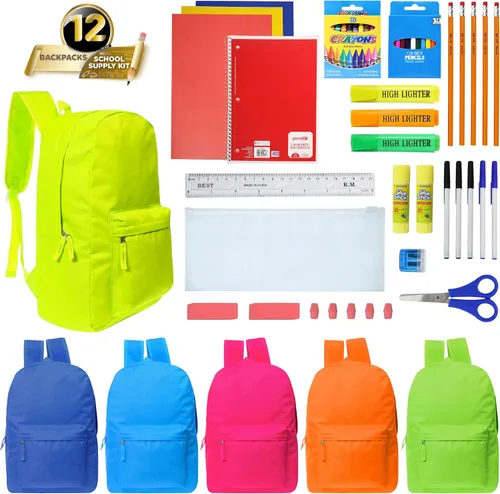 Vista 2 de Moda West 17 Inch Bulk Backpacks with School Supply Kit - Case of 12 Wholesale Backpacks Assorted
