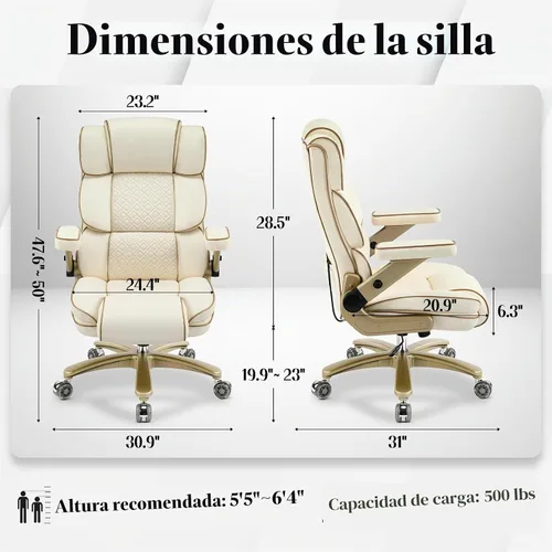 Vista 2 de Silla de oficina grande y alta, 500 libras, reposabrazos 5D, silla ejecutiva de cuero resistente con asiento cómodo, lumbar ajustable, respaldo Beige