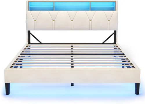 Vista 7 de HAUOMS - Base de cama de tamaño matrimonial con cabecera de almacenamiento y luces LED RGB, color crema