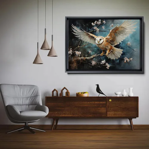 Vista 5 de Flying owl with trees, leaves, forest double exposure, nature animal, owl illusion art, wrapped framed canvas print, office wall art