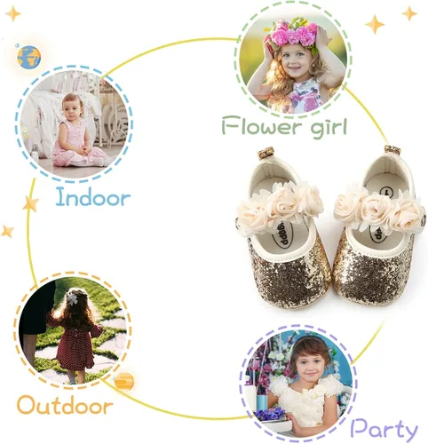 Vista 4 de KIDSUN Zapatos Mary Jane con suela de goma antideslizante, zapatos de ballet, vestido de princesa, zapatos de boda, zapatos de cuna para recién