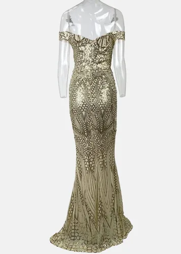 Vista 4 de Ohvera Vestido largo de sirena con lentejuelas y hombros descubiertos, manga larga, para fiesta, cóctel, noche, graduación, vestido largo de sirena
