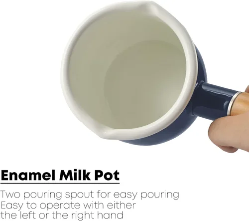 Vista 5 de Mini Olla de Leche Esmaltada de 0.6 Cuartos con Mango de Madera Aislado, 2 Picos Vertedores, Calentador de Alimentos Pequeño, Cacerola Bonita