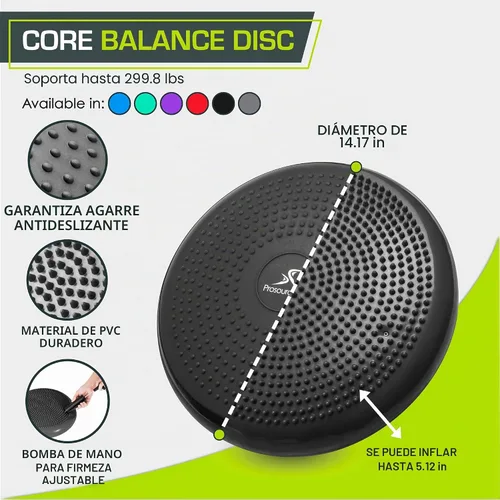 Vista 2 de ProsourceFit Core Balance Disc Trainer, 14” Diameter with Pump for Fitness, Balance Training, or Seating; Wobble Board for Core Stability; Flexible