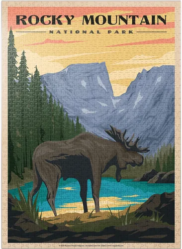 Vista 9 de MyPuzzle Rocky Mountain National Park - Alce en el amanecer rocoso, póster de viaje vintage, rompecabezas de 100 piezas para adultos