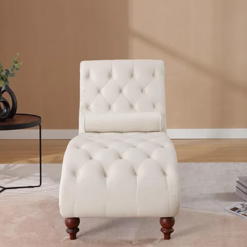 Vista 3 de Moderna tumbona de terciopelo para interiores con ribete de cabeza de clavo, sillón sin brazos con botones para interior con almohada lumbar y 4