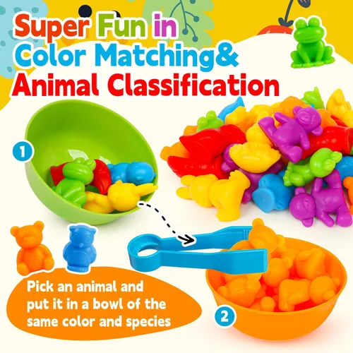 Vista 5 de Juguetes de clasificación de colores para niños pequeños, juegos de animales de contar y emparejar Montessori, actividades de aprendizaje
