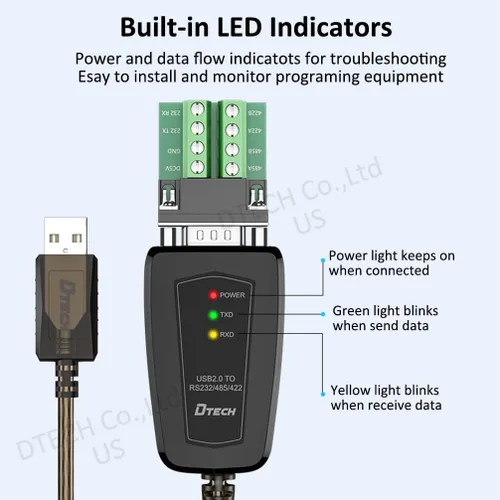 Vista 2 de DTECH Adaptador USB a serie RS422 RS485 R232 a cable USB (interfaz 3 en 1) soporta CC 5V con placa de ruptura luces LED para dispositivos de control