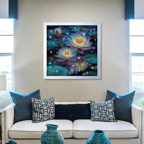 Vista 7 de Rompecabezas de flores de loto de ensueño para adultos, 1000 piezas, rompecabezas artístico de lirio de agua de fantasía con estrellas brillantes