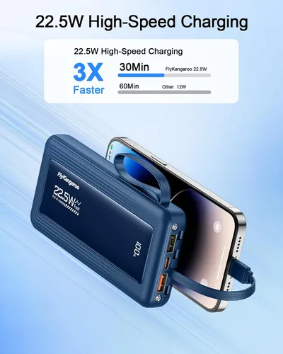 Vista 2 de Cargador portátil con cables incorporados, delgado 10000mAh carga rápida 22.5W banco de energía USB C pantalla LED paquete de batería 6 salidas y 2