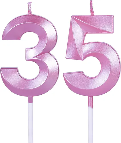 Vista 9 de Velas rojas de cumpleaños 35 y 53 para pasteles, número 35 53 con purpurina para decoración de tartas de fiesta, aniversario, boda, celebración