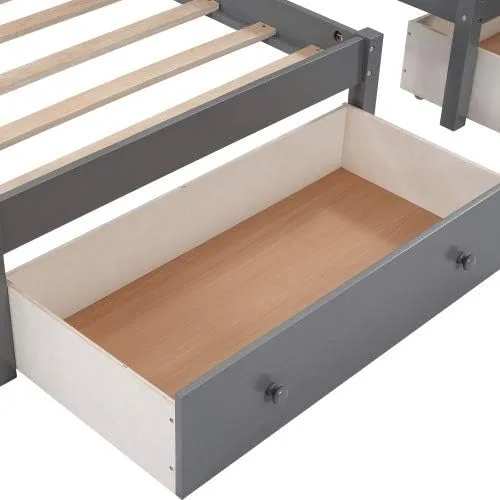 Vista 9 de Merai - Cama matrimonial y litera doble, litera triple de madera con cajones y barandillas (gris 2)
