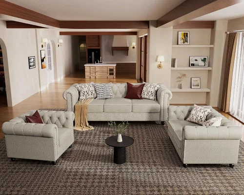Vista 9 de Morden Fort - Juego de sillas y sofá Chesterfield clásico, con reposabrazos acolchados y patas de madera maciza, sofá cama para mascotas, cómodo