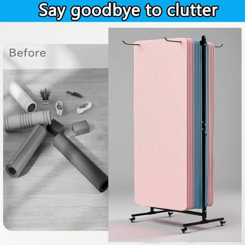 Vista 7 de Soporte para tapete de yoga colgante, carrito de esterilla de yoga rodante, estante de almacenamiento de gran capacidad, con perforador, estante
